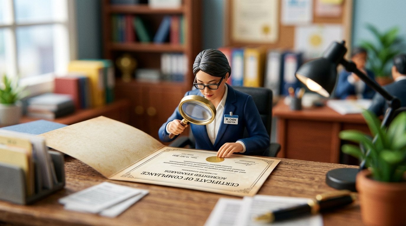 Auditor examining an ISO certificate during a certification audit