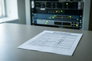 Tilt-shift view of a printed access review list on an office desk with hand-ticked checkboxes, and a rack of powered network switches with lit status indicators out of focus behind it