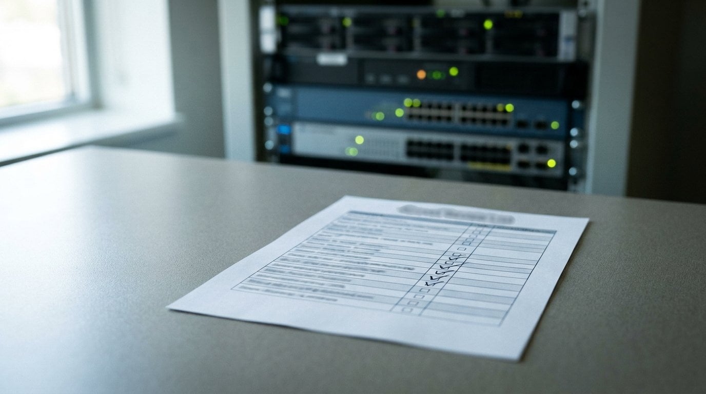 The Logins You Forgot to Turn Off Tilt-shift view of a printed access review list on an office desk with hand-ticked checkboxes, and a rack of powered network switches with lit status indicators out of focus behind it