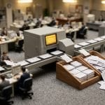 Tilt-shift miniature of application forms being sorted into two trays by a machine, with a single figure watching