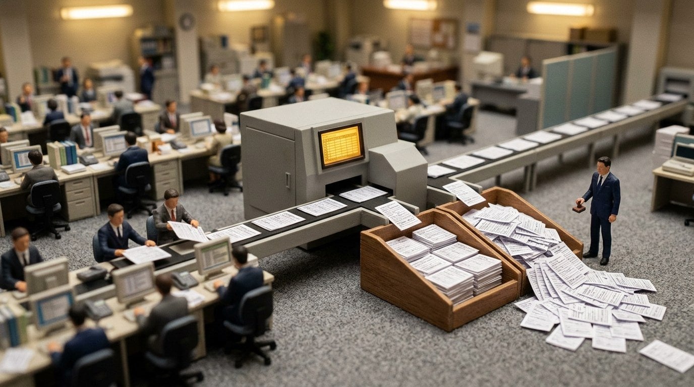 Tilt-shift miniature of application forms being sorted into two trays by a machine, with a single figure watching