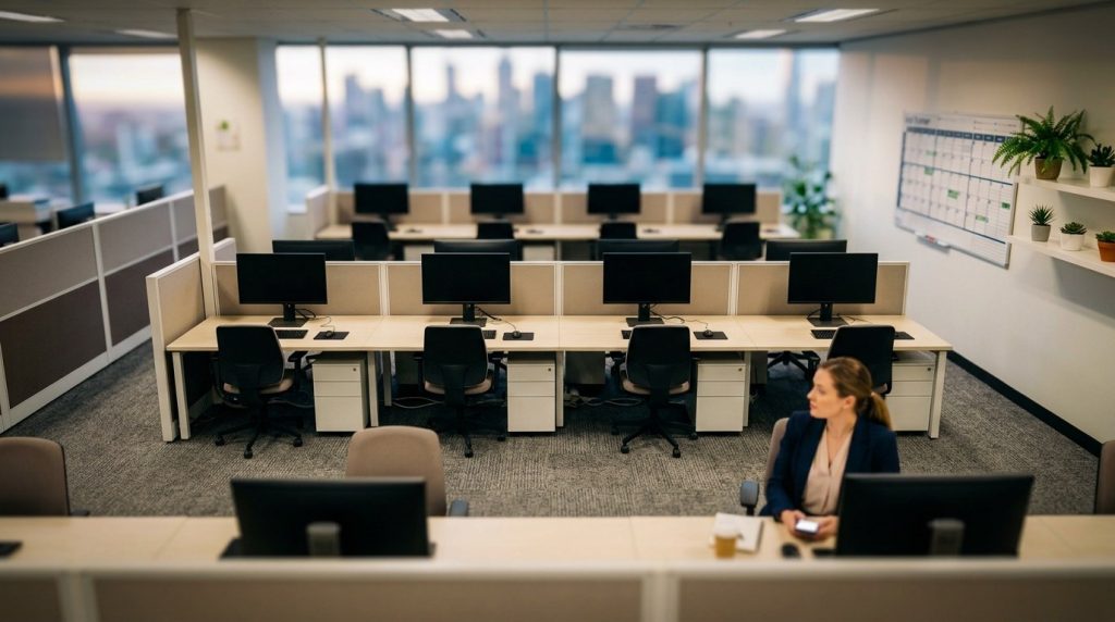 Tilt-shift miniature of an open-plan Australian office with two rows of empty desks and dark monitors, and one person still working at a desk in the foreground.