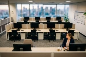 Tilt-shift miniature of an open-plan Australian office with two rows of empty desks and dark monitors, and one person still working at a desk in the foreground.