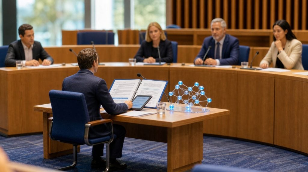 Miniature Australian parliamentary inquiry with a small-business representative presenting AI governance evidence