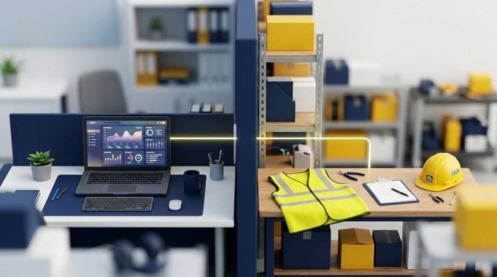 Tilt-shift view of an office desk running an analytics dashboard and a warehouse bench with a hi-vis vest and hard hat, separated by a partition, with a single lit line running across the divide
