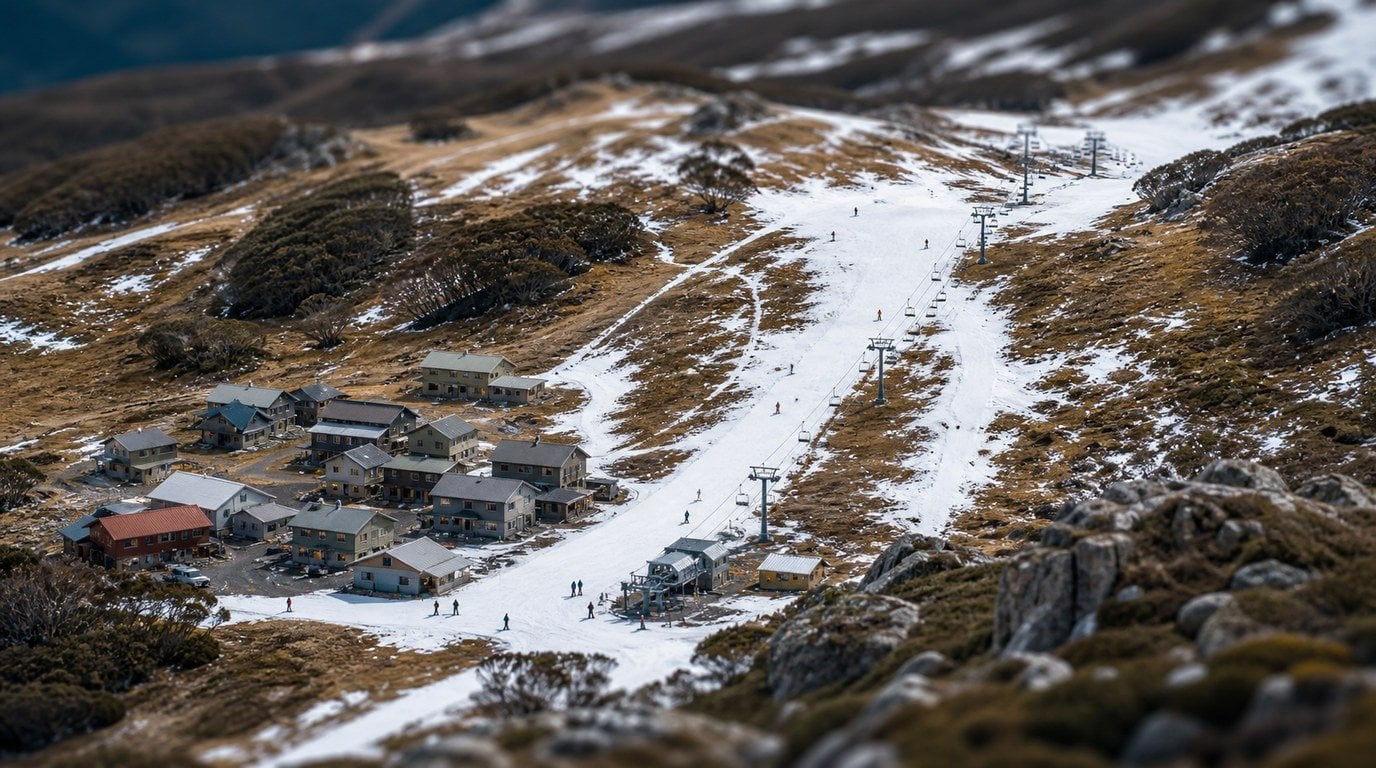 Tilt shift view of an alpine village with a single narrow ski run of snow surrounded by bare brown slopes