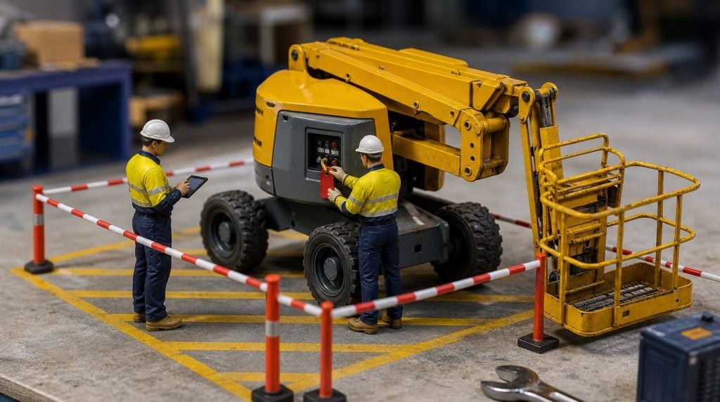 Miniature construction worksite with a boom lift tagged out of service while technicians document a safety defect