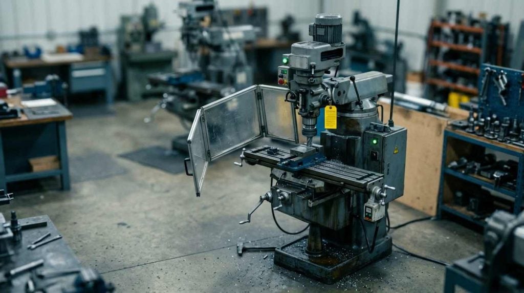 Tilt-shift view of a workshop milling machine with its interlock guard swung fully open and the machine still powered up, green run light lit