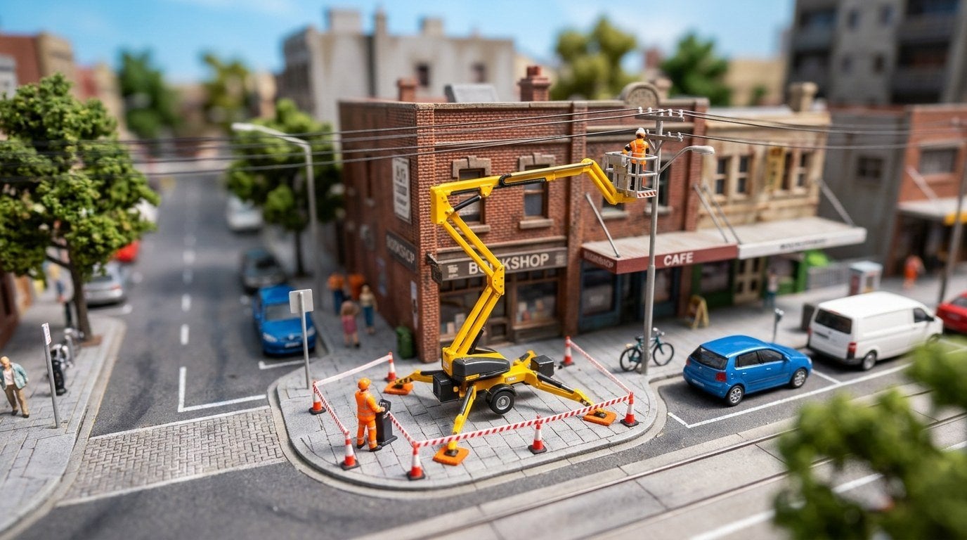 There Is Now a Code of Practice for Elevating Work Platforms. Most Duty Holders Have Not Read It. Miniature streetscape with a boom-type elevating work platform on outriggers, its platform raised toward a building facade below overhead powerlines, and a taped exclusion zone on the footpath