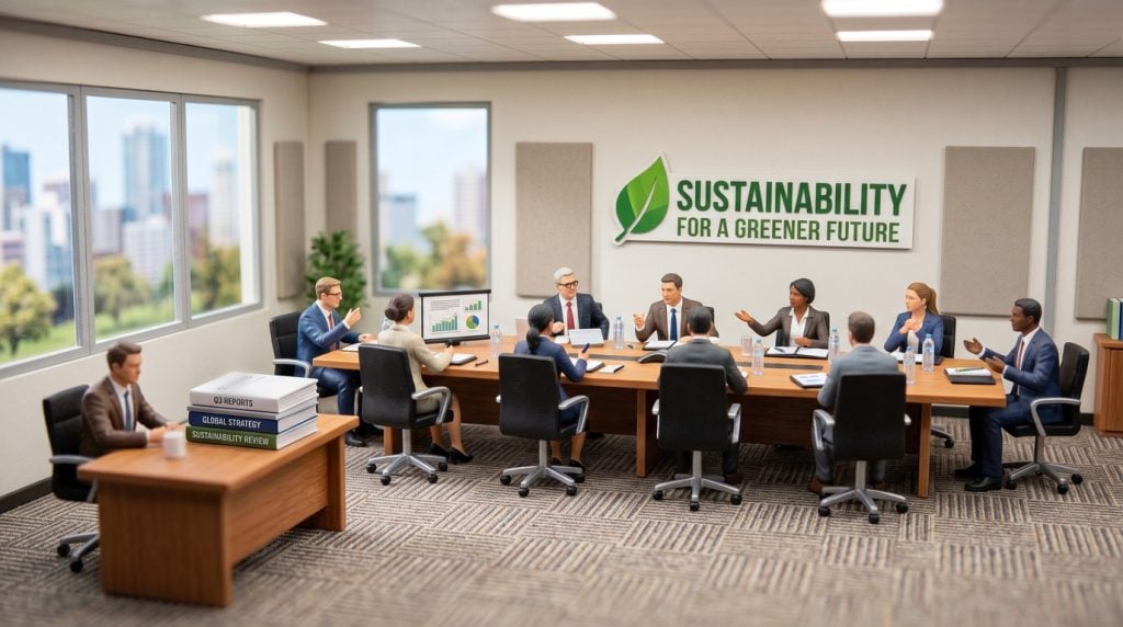 Miniature boardroom with a sustainability sign on the wall and a stack of unopened reports on a separate desk