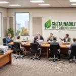 Miniature boardroom with a sustainability sign on the wall and a stack of unopened reports on a separate desk