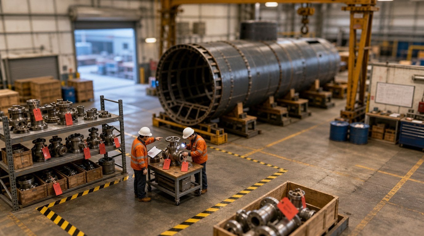 Tilt-shift miniature naval shipyard inspection bay with a submarine hull section on keel blocks and workers in hi-vis checking tagged components in a parts quarantine area
