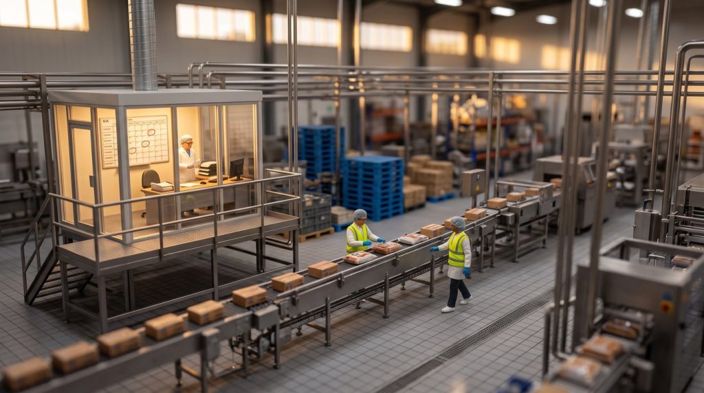 Tilt-shift miniature of an Australian food manufacturing plant. Two workers in hairnets and hi-vis move product along a stainless steel line, while a quality manager stands at a wall planner in a raised glass-walled office with two dates circled.