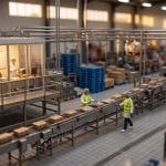 Tilt-shift miniature of an Australian food manufacturing plant. Two workers in hairnets and hi-vis move product along a stainless steel line, while a quality manager stands at a wall planner in a raised glass-walled office with two dates circled.