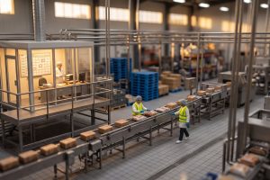 Tilt-shift miniature of an Australian food manufacturing plant. Two workers in hairnets and hi-vis move product along a stainless steel line, while a quality manager stands at a wall planner in a raised glass-walled office with two dates circled.