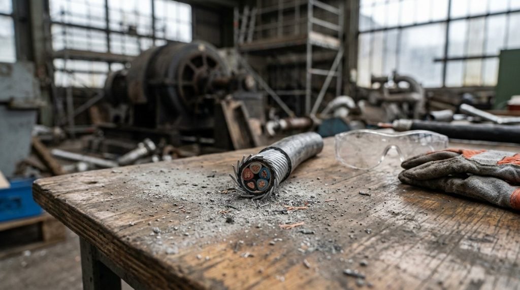 Tilt-shift view of a cut length of lead covered cable on a workbench surrounded by fine grey dust, with safety glasses and gloves beside it and no respirator in frame