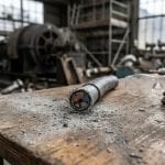 Tilt-shift view of a cut length of lead covered cable on a workbench surrounded by fine grey dust, with safety glasses and gloves beside it and no respirator in frame