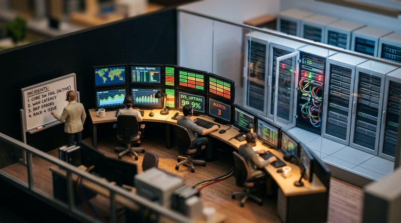 The ACSC Just Handed Your IT Provider a Question. Do You Know How to Ask It? Miniature network operations room with staff at monitoring screens and an incident list on a whiteboard, and a server rack room beyond glass with one cabinet door standing open