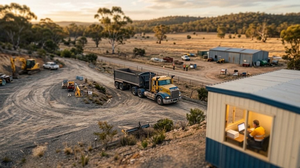 Tilt-shift miniature of an Australian civil works depot at dusk. A tipper truck is parked on a sloping dirt track above a paddock while a supervisor in hi-vis works at a laptop in the site office, a stack of service reports unopened beside them.