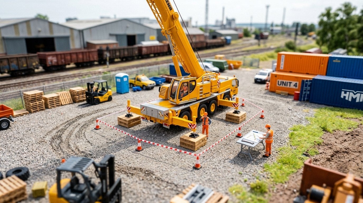 Miniature industrial yard with a mobile crane on outriggers and timber packing inside a taped exclusion zone, and a worker in hi-vis at a table with a lift plan