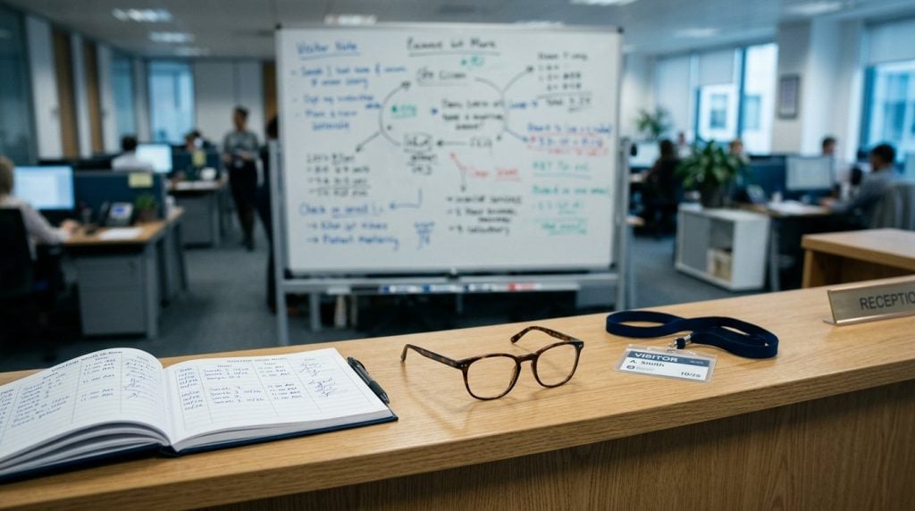 Tilt-shift view of a pair of ordinary looking glasses on a reception counter beside a visitor sign-in book and lanyard, with an out of focus office and whiteboard behind