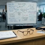 Tilt-shift view of a pair of ordinary looking glasses on a reception counter beside a visitor sign-in book and lanyard, with an out of focus office and whiteboard behind