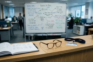 Tilt-shift view of a pair of ordinary looking glasses on a reception counter beside a visitor sign-in book and lanyard, with an out of focus office and whiteboard behind