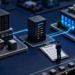 Tilt-shift miniature of a developer workstation, a single build server and a data centre linked by glowing data paths, with a figure checking a clipboard beside a conveyor of packaged software