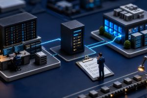 Tilt-shift miniature of a developer workstation, a single build server and a data centre linked by glowing data paths, with a figure checking a clipboard beside a conveyor of packaged software