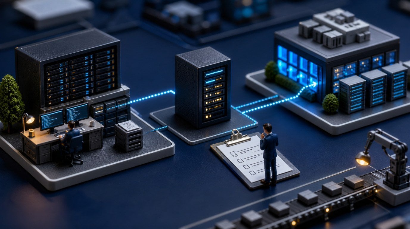 Software Supply Chain Security: The Assets Nobody Put on the Register Tilt-shift miniature of a developer workstation, a single build server and a data centre linked by glowing data paths, with a figure checking a clipboard beside a conveyor of packaged software