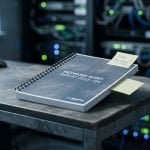 Tilt-shift view of a closed and dusty bound report on a desk with a sticky note tab still in place, with an out of focus server room behind