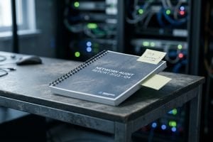 Tilt-shift view of a closed and dusty bound report on a desk with a sticky note tab still in place, with an out of focus server room behind