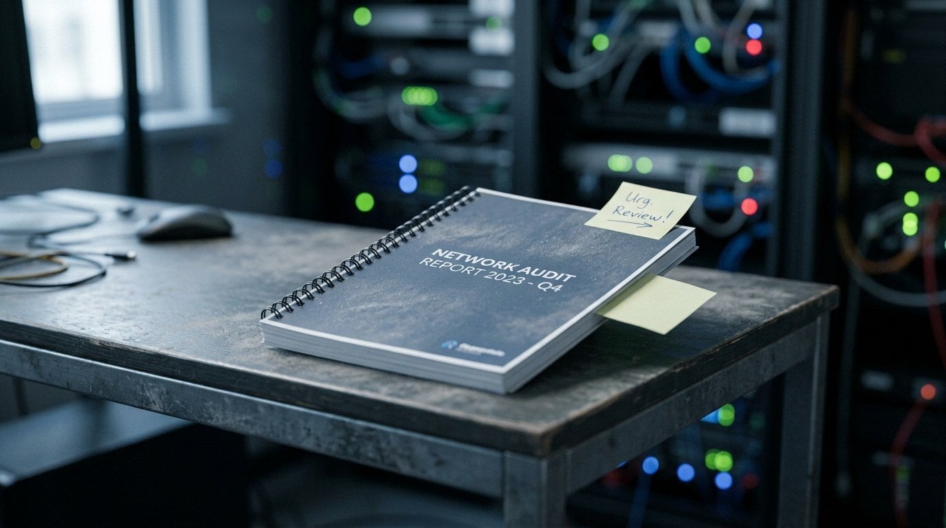Tilt-shift view of a closed and dusty bound report on a desk with a sticky note tab still in place, with an out of focus server room behind