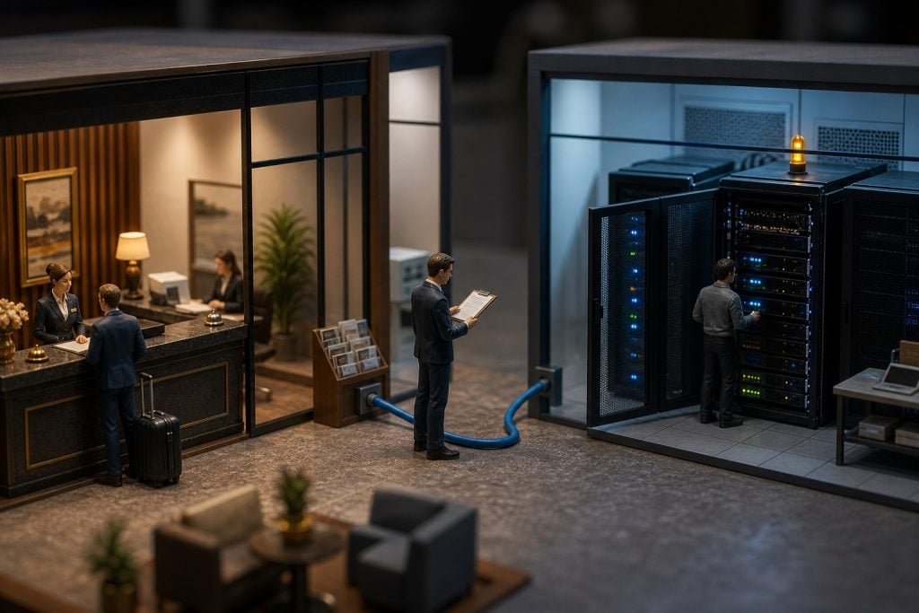 Miniature hotel reception connected to a third-party server room while an auditor reviews the supplier arrangement