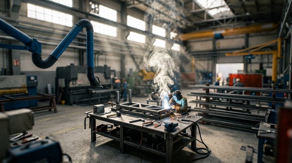 Tilt-shift view of a fabrication bay with welding fume rising through shafts of daylight and a local exhaust ventilation arm parked away from the work area