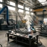 Tilt-shift view of a fabrication bay with welding fume rising through shafts of daylight and a local exhaust ventilation arm parked away from the work area