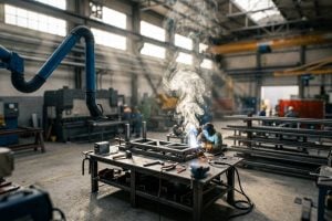 Tilt-shift view of a fabrication bay with welding fume rising through shafts of daylight and a local exhaust ventilation arm parked away from the work area