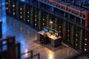 Tilt-shift miniature of a darkened data centre at night, a single figure standing at a plain control desk with three monitors showing abstract graphs, rows of equipment racks with green and amber indicator lights receding into the distance and cable trays overhead