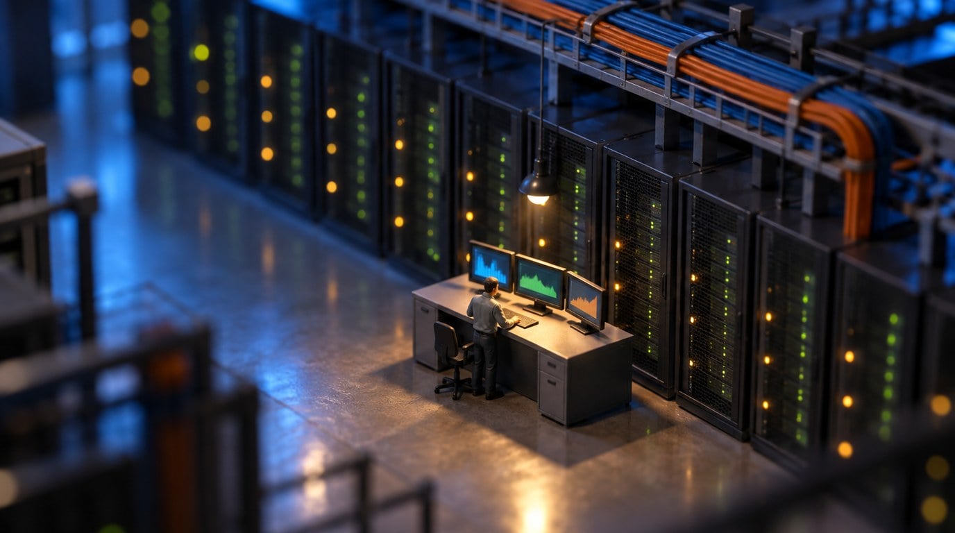 What You Govern Is the Harness, Not the Model Tilt-shift miniature of a darkened data centre at night, a single figure standing at a plain control desk with three monitors showing abstract graphs, rows of equipment racks with green and amber indicator lights receding into the distance and cable trays overhead