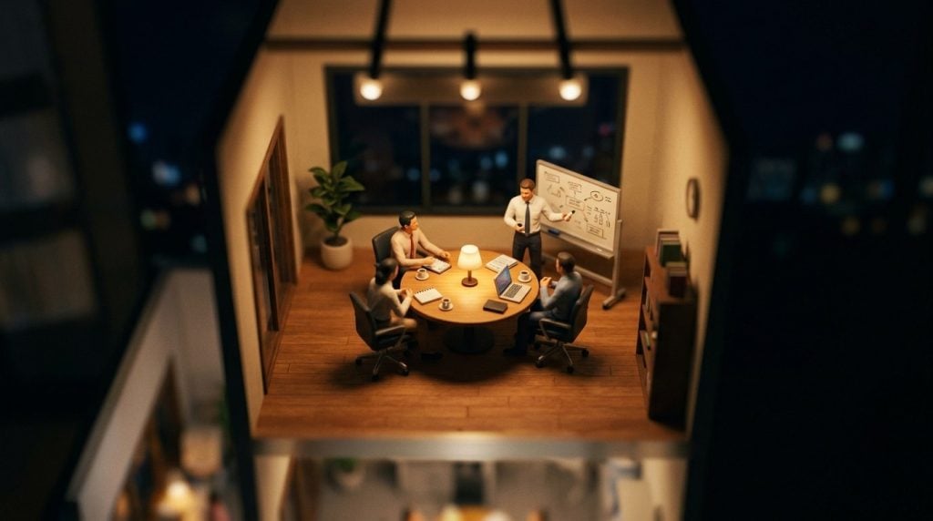 Tilt-shift miniature of an office meeting room at night, a small team working through a data breach response plan at a whiteboard