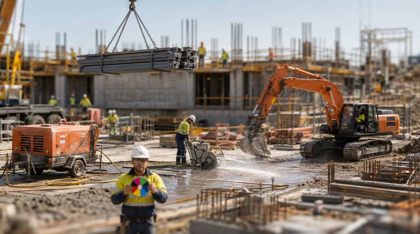 The Energy Wheel and the Hierarchy of Controls: the Two Halves of a Risk Assessment Tilt-shift miniature of a construction site showing a suspended steel load, a slewing excavator, a compressor with pressurised hoses and a concrete saw with water suppression, with a worker in the foreground holding a segmented energy wheel card