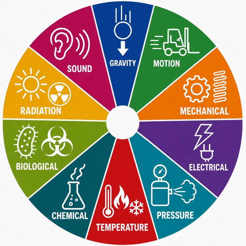 Circular energy wheel divided into ten coloured segments, each with a white pictogram and label: gravity, motion, mechanical, electrical, pressure, temperature, chemical, biological, radiation and sound