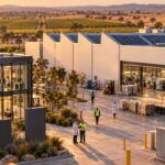 Tilt-shift miniature of a South Australian advanced manufacturing site at sunset, a glass-fronted office beside a production hall with rooftop solar and a satellite dish, staff walking the yard and a flatbed trailer at the loading dock, with vineyards and hills beyond