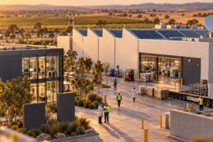 Tilt-shift miniature of a South Australian advanced manufacturing site at sunset, a glass-fronted office beside a production hall with rooftop solar and a satellite dish, staff walking the yard and a flatbed trailer at the loading dock, with vineyards and hills beyond