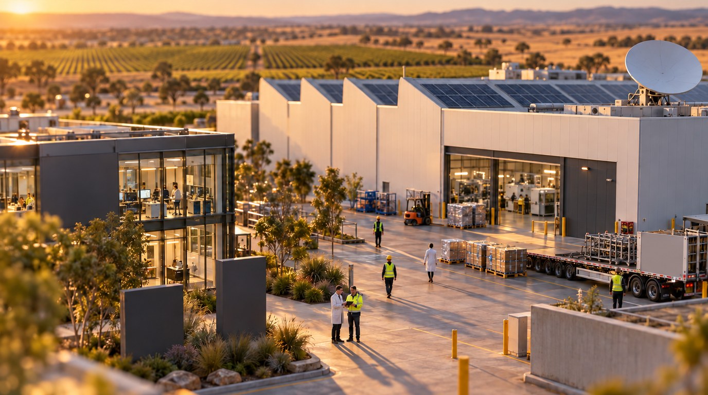Tilt-shift miniature of a South Australian advanced manufacturing site at sunset, a glass-fronted office beside a production hall with rooftop solar and a satellite dish, staff walking the yard and a flatbed trailer at the loading dock, with vineyards and hills beyond