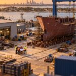 Tilt-shift miniature of a Western Australian shipyard at sunset, a steel hull on keel blocks beneath a gantry crane, four workers in high-visibility vests gathered around a site table with drawings, and a hazy city skyline across the water