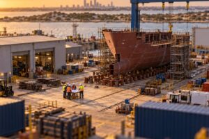 Tilt-shift miniature of a Western Australian shipyard at sunset, a steel hull on keel blocks beneath a gantry crane, four workers in high-visibility vests gathered around a site table with drawings, and a hazy city skyline across the water