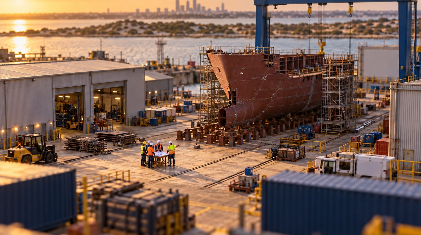 Tilt-shift miniature of a Western Australian shipyard at sunset, a steel hull on keel blocks beneath a gantry crane, four workers in high-visibility vests gathered around a site table with drawings, and a hazy city skyline across the water