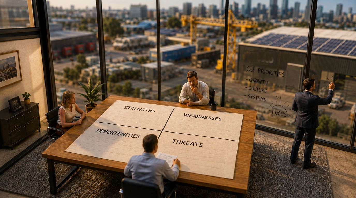 ISO Clause 4.1 Context of the Organisation: The Standard Says What, You Choose How Tilt-shift miniature of a meeting room where four people work on a four-quadrant SWOT chart spread across the table, with an Australian industrial and city skyline visible through the window