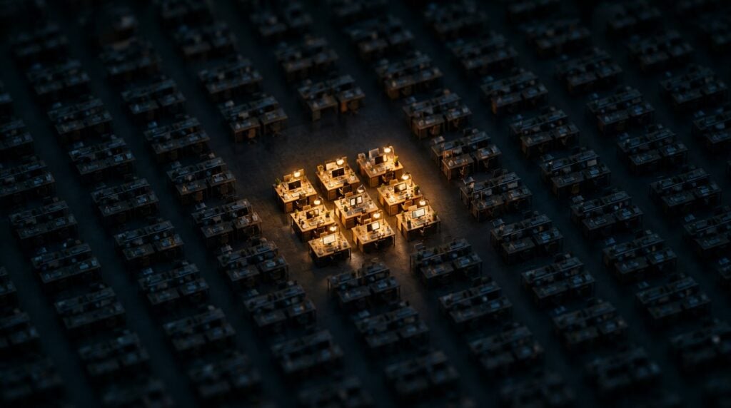 Tilt-shift miniature of a dark open-plan office at night with hundreds of desks, one cluster lit and working together while the rest stay dark